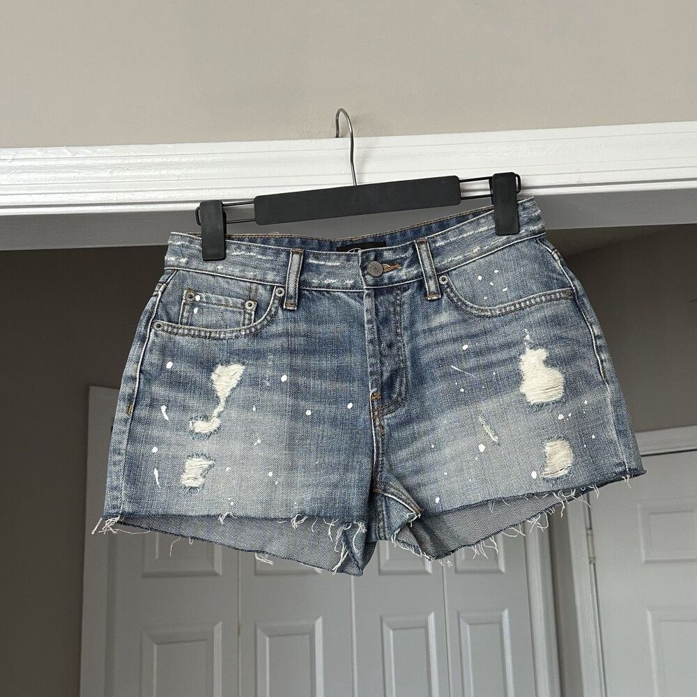 Rails Distressed Blue Denim Paint Splatter Button Fly Women Shorts Size 26 Boho